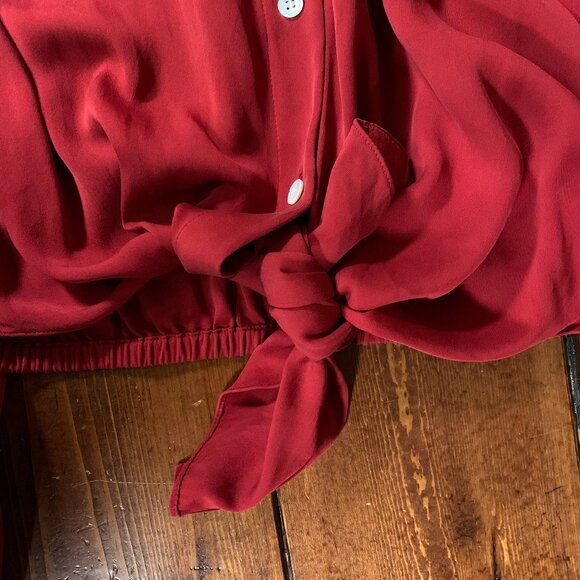Theory Stretch Silk Women's Tie-Front Red Medium Long Sleeve Button Shirt Blouse - Picture 9 of 14